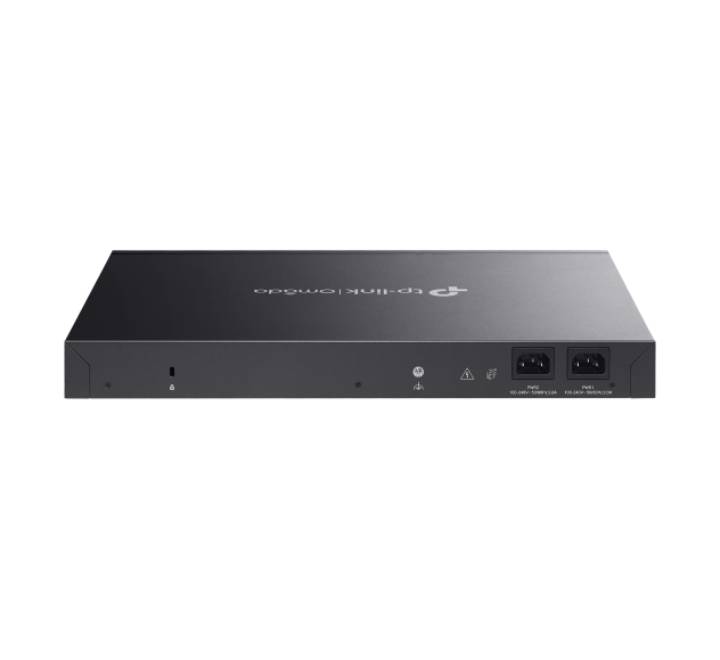 Rear profile of the TP-Link Omada SX3032F switch showing dual redundant power supply slots.