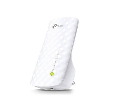 TP-Link RE200 AC750 dual-band Wi-Fi range extender plugged into a standard wall outlet.