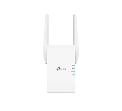 TP-Link RE705X AX3000 Wi-Fi 6 range extender featuring dual external antennas and front signal LED indicator.