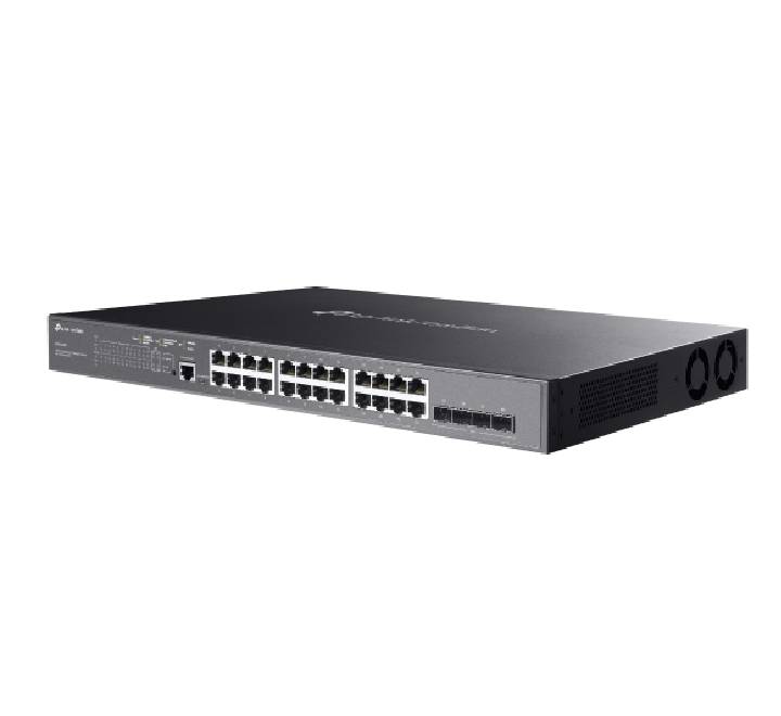 Side view of the standard 1U rackmount TP-Link SG3428MP network switch highlighting the active ventilation holes for smart cooling fans.