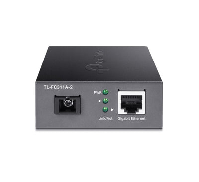TP-Link TL-FC311A-2 Gigabit WDM Media Converter showing the SC fiber port, RJ45 Ethernet port, and LED indicator lights.