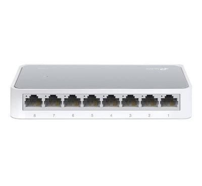 TP-Link TL-SF1008D 8-Port 10/100Mbps Desktop Switch front view showing ports and LED indicators.