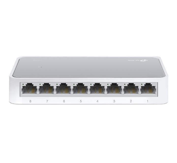 TP-Link TL-SF1008D 8-Port 10/100Mbps Desktop Switch front view showing ports and LED indicators.