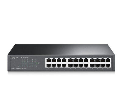 TP-Link TL-SF1024D 24-port unmanaged Fast Ethernet switch showing the front panel interface and LED indicator lights.