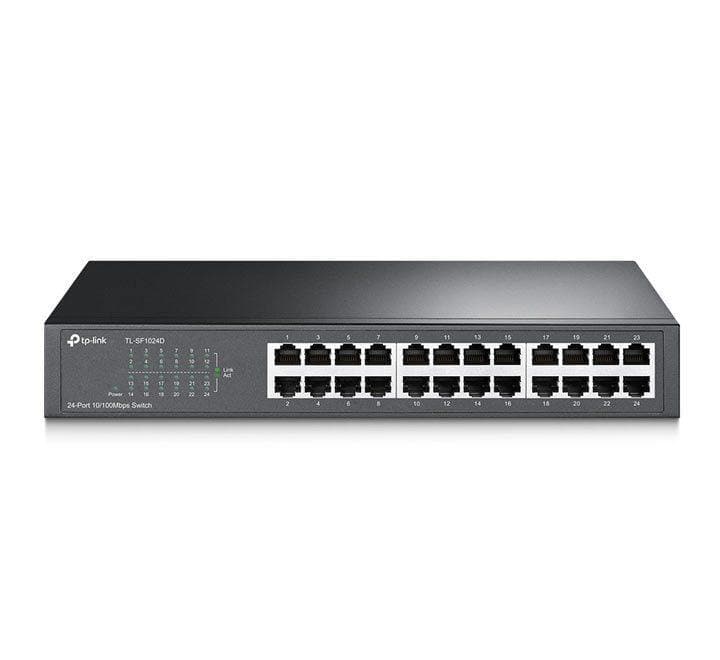 TP-Link TL-SF1024D 24-port unmanaged Fast Ethernet switch showing the front panel interface and LED indicator lights.