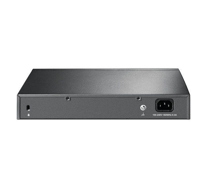 Angled profile view of the TP-Link TL-SF1024D 24-port desktop and rackmount network switch with its metal housing.