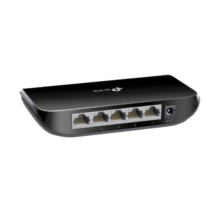 Unboxed view of the TP-Link TL-SG1005D 5-port gigabit switch accompanied by its external power supply cord and installation manual.