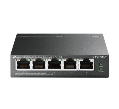 TP-Link TL-SG1005LP 5-Port Gigabit Desktop Switch showing 4 PoE+ ports and power indicators in a durable metal casing.
