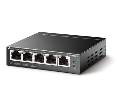 Rear view of the compact TP-Link TL-SG1005LP desktop PoE switch showing the DC power input jack and Kensington security slot.