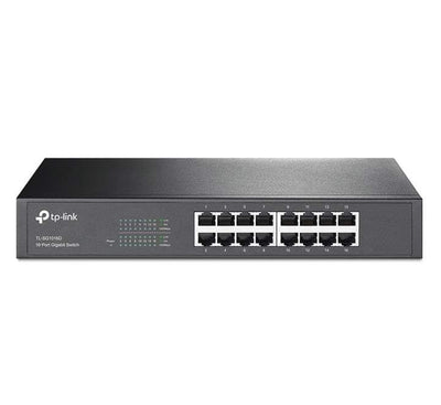 TP-Link TL-SG1016D 16-Port Gigabit Desktop Rackmount Switch front panel showing Ethernet ports and status LEDs