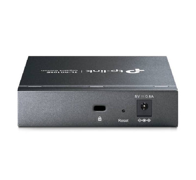 Rear panel view of the TP-Link TL-SG105E Gigabit network switch featuring the DC power jack and Kensington security slot.