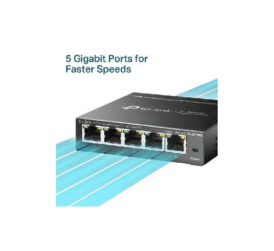 Compact fanless steel casing of TP-Link TL-SG105E Easy Smart Switch displaying wall-mounting slots on the underside.