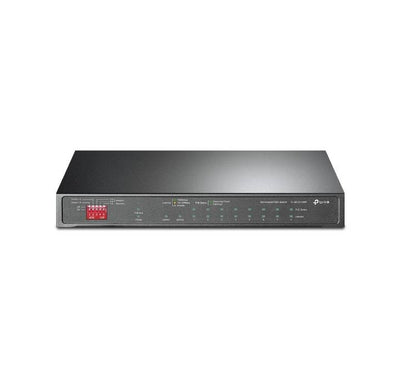 Front angle perspective of TP-Link TL-SG1210MP unmanaged 10-port gigabit desktop switch showing its 8 PoE+ ports.