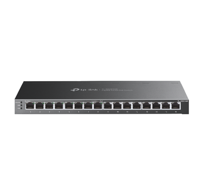 Front angled view of the TP-Link TL-SG2016P 16-port gigabit smart switch with PoE+ ports.