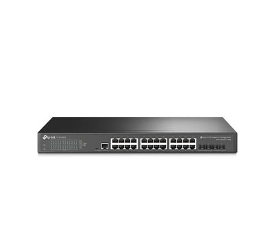 TP-Link JetStream TL-SG3428X enterprise-grade 24-port rackmount gigabit network switch showing front layout panel and LED status indicators.