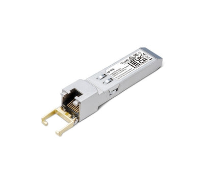 Close-up view of the metallic RJ45 gigabit ethernet interface port on the TP-Link TL-SM331T SFP converter module