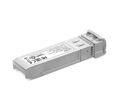 Close-up view of the dual LC optical fiber interface on the TP-Link TL-SM5110-LR 10G single-mode transceiver.