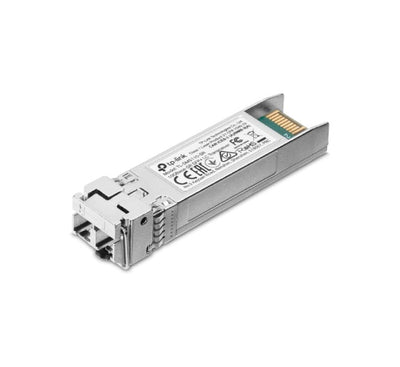 TP-Link TL-SM5110-SR 10GBase-SR SFP+ LC Transceiver showing its compact metallic housing and pull-tab latch.