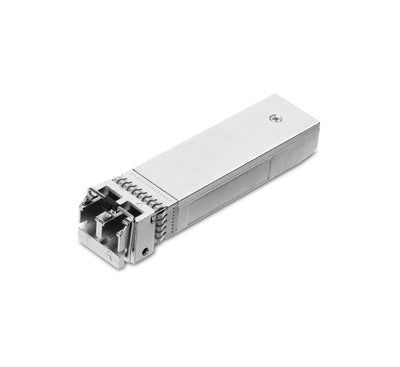 The hot-pluggable TP-Link TL-SM5110-SR 10G SFP+ module inserted into a JetStream network switch port.