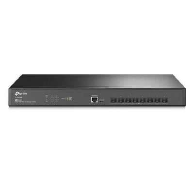 Front view of the TP-Link TL-SX3008F JetStream 8-Port 10GE SFP+ switch showing slot layout.