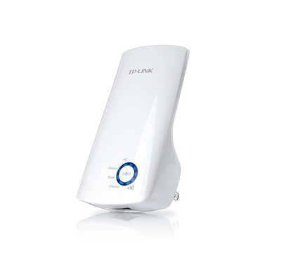 TP-Link TL-WA850RE 300Mbps universal Wi-Fi range extender front view featuring the blue circular LED signal indicator.