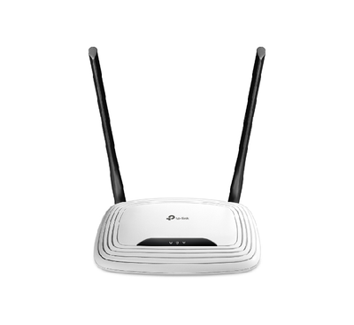 Front perspective view of the TP-Link TL-WR841N 300Mbps Wireless N Router with two external antennas
