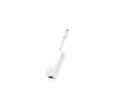 The TP-Link UE300C USB Type-C to RJ45 Gigabit Ethernet adapter fully extended, showcasing its glossy white casing and premium build.