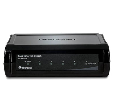 TRENDnet TE100-S5 5-port unmanaged 10/100Mbps Fast Ethernet switch displaying its front panel ports and status indicator LEDs.