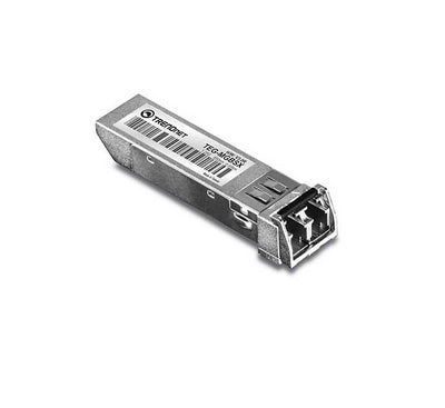 TRENDnet TEG-MGBSX 1000Base-SX SFP transceiver module displaying its metallic component shell, insertion gold fingers, and physical slide release latch.