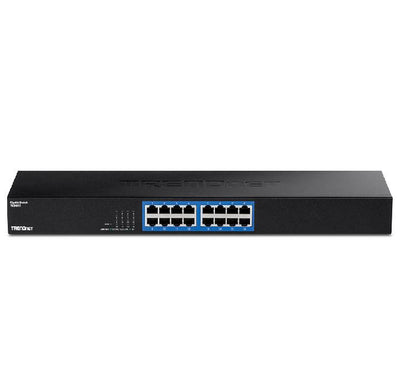 Front view of the TRENDnet TEG-S17 16-port gigabit switch showcasing diagnostic LED lights and RJ-45 networking port groups.