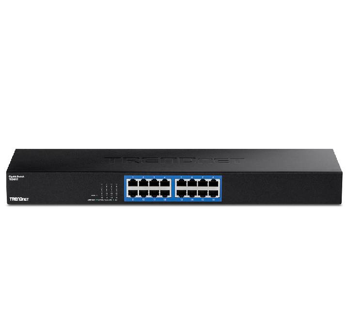 Front view of the TRENDnet TEG-S17 16-port gigabit switch showcasing diagnostic LED lights and RJ-45 networking port groups.