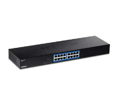 TRENDnet TEG-S17 16-port unmanaged gigabit switch outfitted with standard 19-inch server rackmount side brackets.