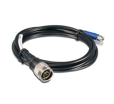 TRENDnet TEW-L202 Low Loss RP-SMA Male to N-Type Male Antenna Cable coiled, displaying its rugged black polyethylene protective jacket.
