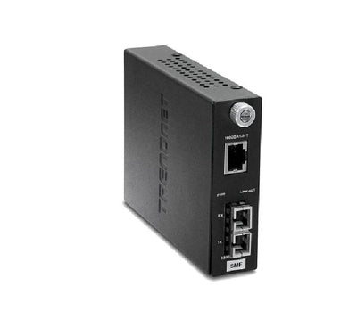 TRENDnet TFC-1000S20 Gigabit Intelligent single-mode SC fiber media converter showing its compact metal casing, front RJ-45 port, and status LEDs.