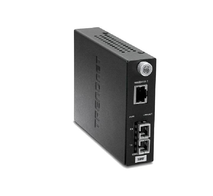 TRENDnet TFC-1000S20 Gigabit Intelligent single-mode SC fiber media converter showing its compact metal casing, front RJ-45 port, and status LEDs.