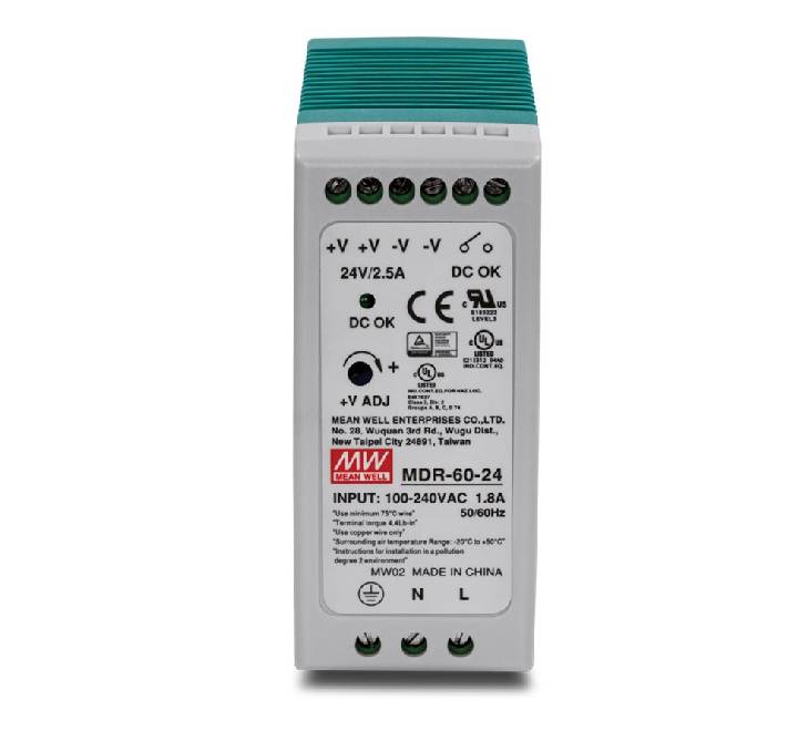 TRENDnet TI-M6024 60W industrial AC to DC DIN-rail power supply showing frontal profile, status LEDs, and terminal block slots.