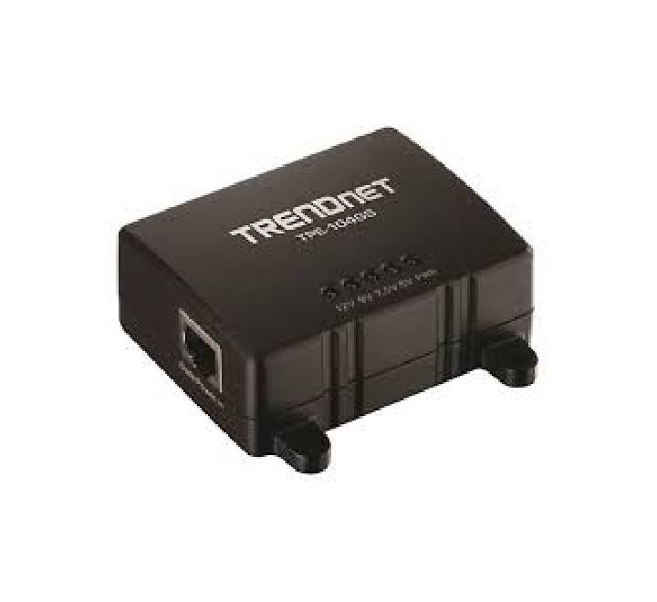 TRENDnet TPE-104GS Gigabit PoE Splitter main front view showcasing its compact black hardware enclosure.