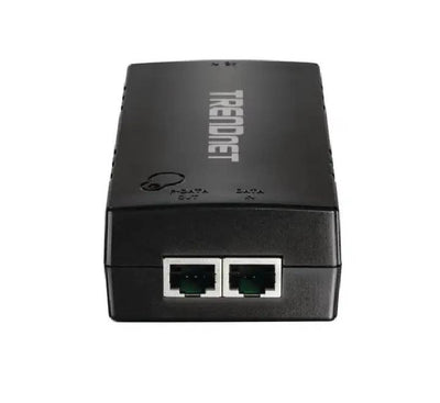 TRENDnet TPE-115GI 30W Gigabit PoE+ injector showing the sleek black casing, Ethernet Data In, and PoE Out interfaces.
