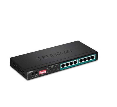 TRENDnet TPE-LG80 switch showing DIP switches and gigabit PoE ports