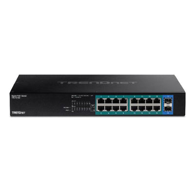 Front layout of TRENDnet TPE-TG182 18-port gigabit switch showcasing its 16 PoE+ ports, 2 SFP fiber slots, and LED display array.