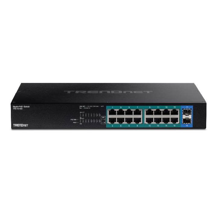 Front layout of TRENDnet TPE-TG182 18-port gigabit switch showcasing its 16 PoE+ ports, 2 SFP fiber slots, and LED display array.