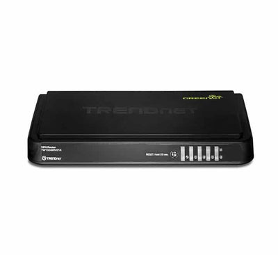 TRENDnet TW100-BRV214 4-Port VPN Router showing diagnostic front status LEDs and compact dark enclosure.