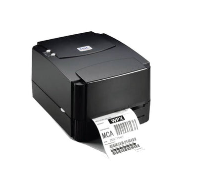 Front view of the compact TSC TTP-244 Pro desktop barcode label printer in black, ideal for retail and warehouse use.