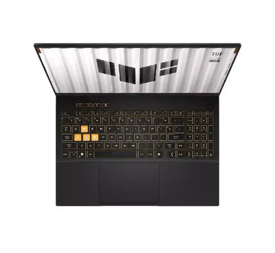 Side view profile of the TUF Gaming FX608 showing USB-C with Power Delivery, HDMI 2.1, and RJ45 ports.