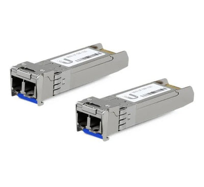 Pair of Ubiquiti UACC-OM-SM-10G-D 10 Gbps transceivers for long-distance network bridging.
