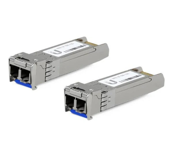 Pair of Ubiquiti UACC-OM-SM-10G-D 10 Gbps transceivers for long-distance network bridging.