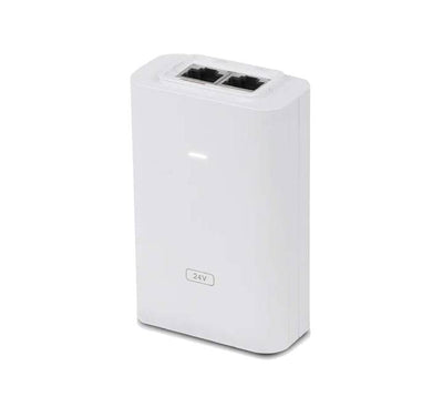 Ubiquiti 24V 24W Gigabit PoE Adapter and Surge Protector front view in white.