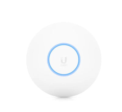 Front view of the Ubiquiti UniFi6 Pro (U6-Pro) ceiling-mounted access point with blue LED ring.