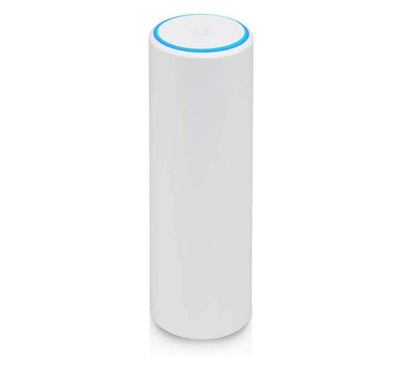 Ubiquiti UniFi U6 Mesh Wi-Fi 6 access point, showing its elegant, white cylindrical structure resting on a flat tabletop.