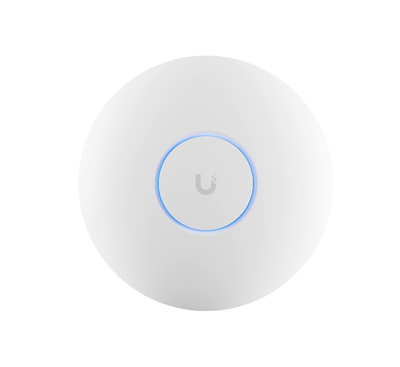 Ubiquiti UniFi U7 Pro ceiling-mount Wi-Fi 7 access point showing its circular white design with the center glowing UniFi LED indicator.